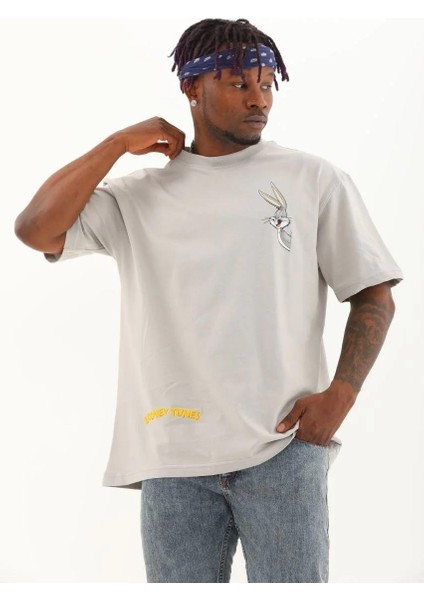 Unisex Oversize Baskılı Bisiklet Yaka T-Shirt - Gri