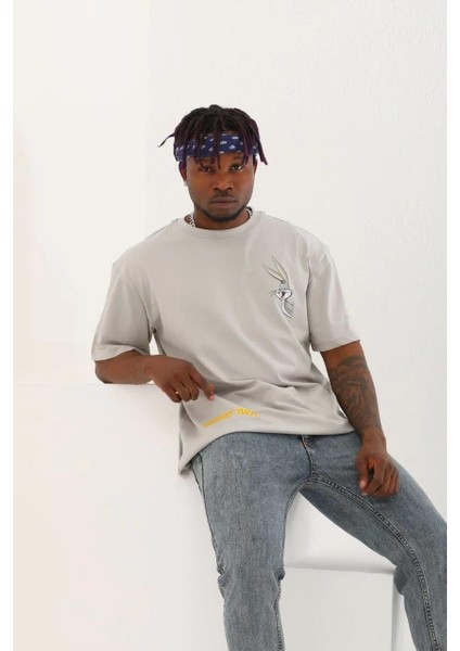 Unisex Oversize Baskılı Bisiklet Yaka T-Shirt - Gri modelleri