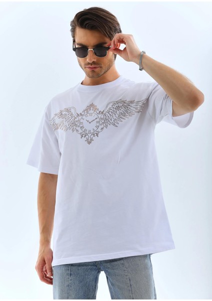 Unisex Oversize Taşlı Bisiklet Yaka T-Shirt - Beyaz indirimleri