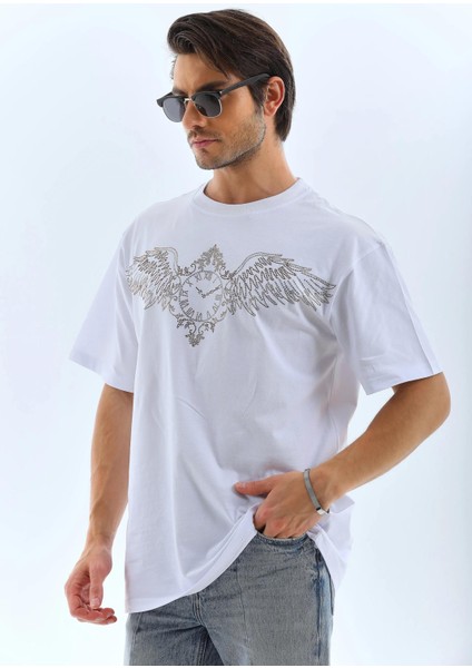 Unisex Oversize Taşlı Bisiklet Yaka T-Shirt - Beyaz