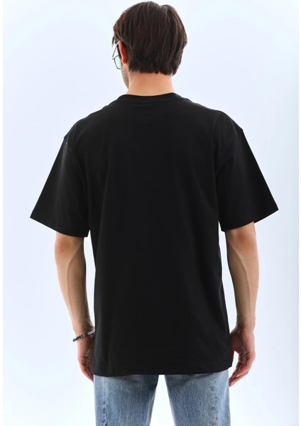 Unisex Oversize Taşlı Bisiklet Yaka T-Shirt - Siyah fiyatları