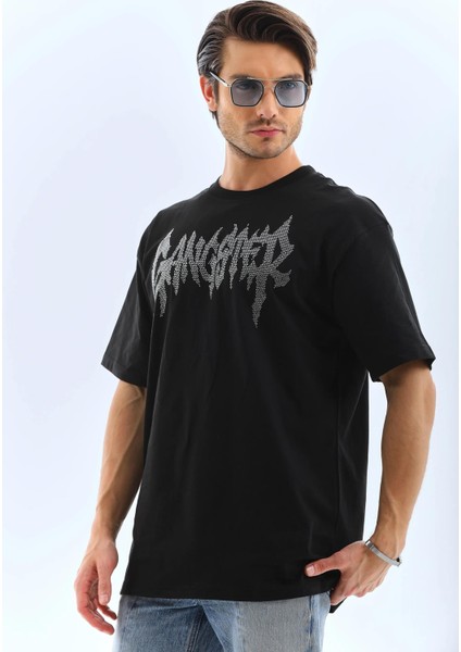 Unisex Oversize Taşlı Bisiklet Yaka T-Shirt - Siyah fırsatları