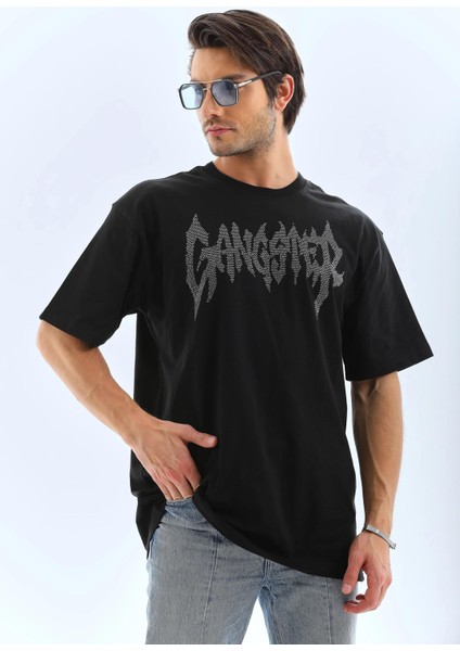 Unisex Oversize Taşlı Bisiklet Yaka T-Shirt - Siyah