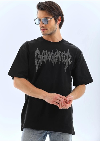 Unisex Oversize Taşlı Bisiklet Yaka T-Shirt - Siyah