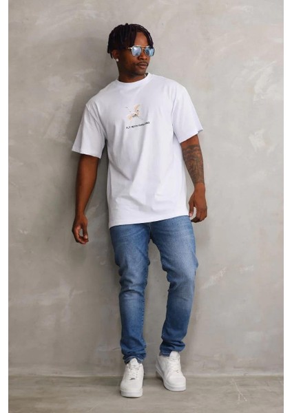 Unisex Baskılı Oversize T-Shirt - Beyaz modelleri