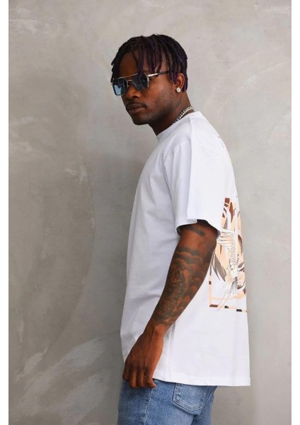 Unisex Baskılı Oversize T-Shirt - Beyaz indirimleri