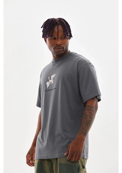 Unisex Baskılı Oversize T-Shirt - Füme modelleri