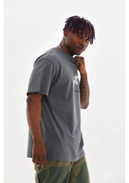 Unisex Baskılı Oversize T-Shirt - Füme