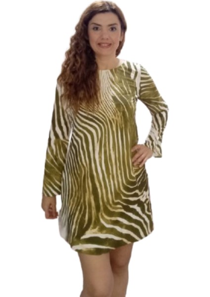 Haki Zebra Desenli Ispanyol Uzun Kollu Kısa Elbise
