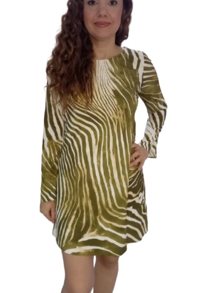 Haki Zebra Desenli Ispanyol Uzun Kollu Kısa Elbise