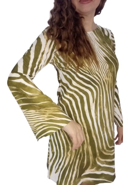 Haki Zebra Desenli Ispanyol Uzun Kollu Kısa Elbise