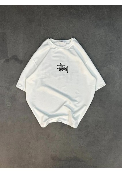 Unisex Bisiklet Yaka Baskılı Oversize T-Shirt - Beyaz modelleri