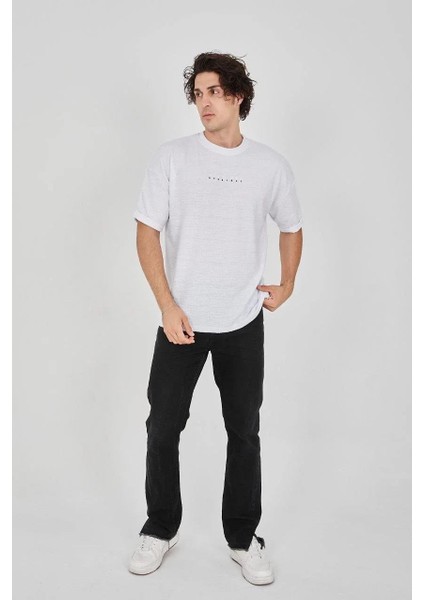 Unisex Jakar Kumaş Rahat Kol T-Shirt - Beyaz indirimleri