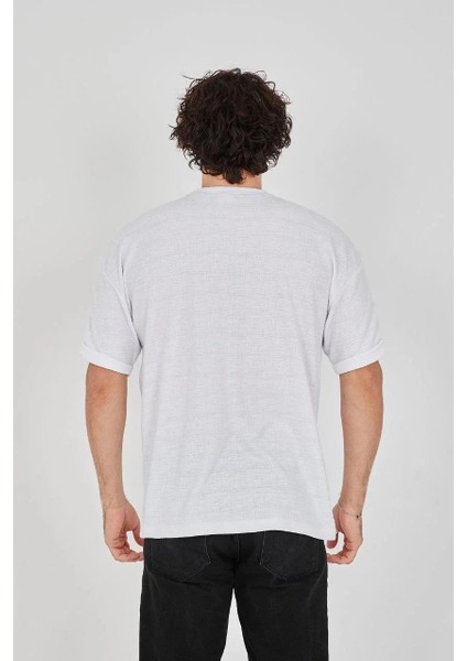 Unisex Jakar Kumaş Rahat Kol T-Shirt - Beyaz