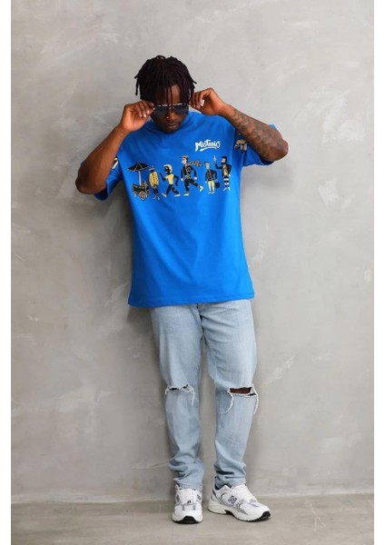 Unisex Bisiklet Yaka Baskılı Oversize T-Shirt - Mavi
