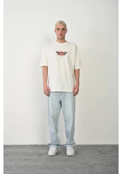 Unisex Bisiklet Yaka Baskılı Oversize T-Shirt - Beyaz