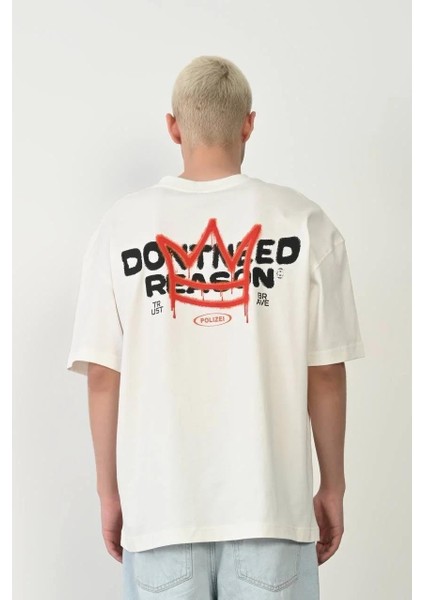 Unisex Bisiklet Yaka Baskılı Oversize T-Shirt - Beyaz modelleri