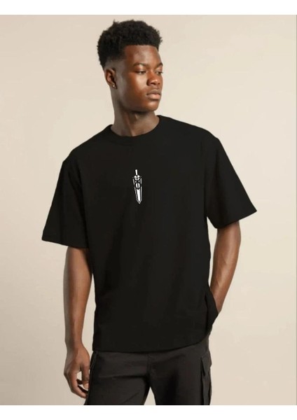 Unisex Bisiklet Yaka Baskılı Oversize T-Shirt - Siyah