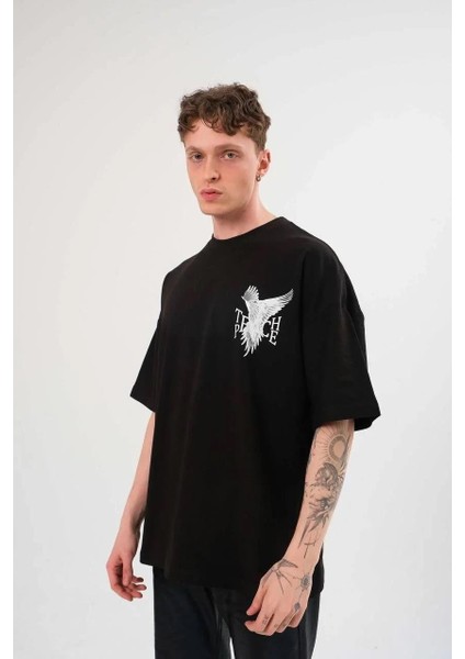 Unisex Bisiklet Yaka Baskılı Oversize T-Shirt - Siyah