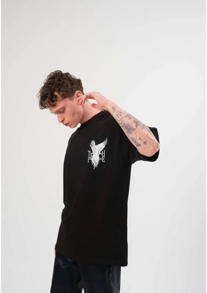 Unisex Bisiklet Yaka Baskılı Oversize T-Shirt - Siyah fiyatları