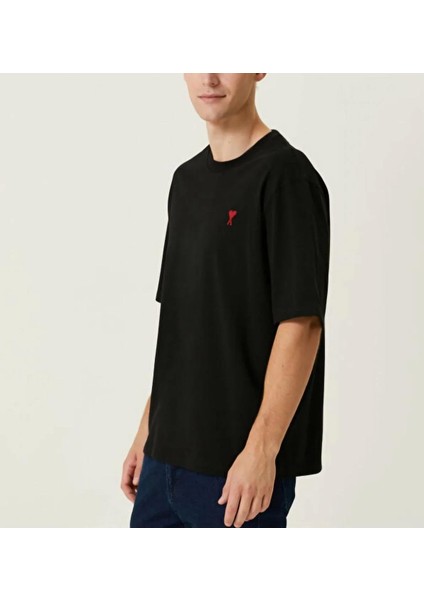 Unisex Bisiklet Yaka Baskılı Oversize T-Shirt - Siyah fiyatları