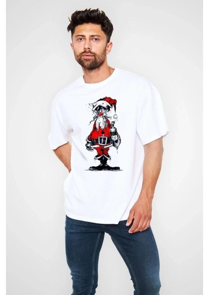 Unisex Bisiklet Yaka Baskılı Oversize T-Shirt - Beyaz