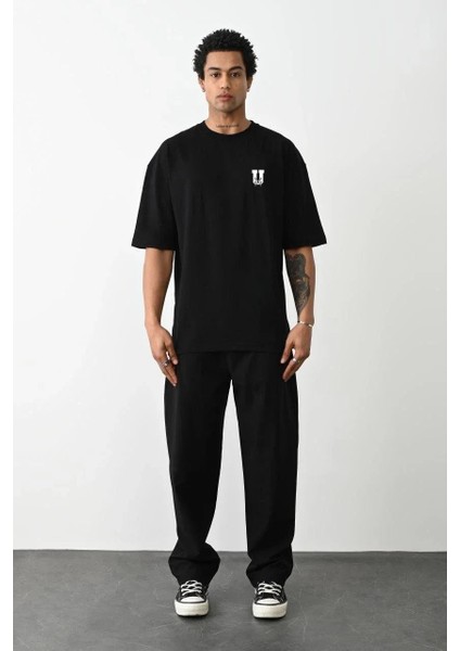 Unisex Bisiklet Yaka Baskılı Oversize T-Shirt - Siyah