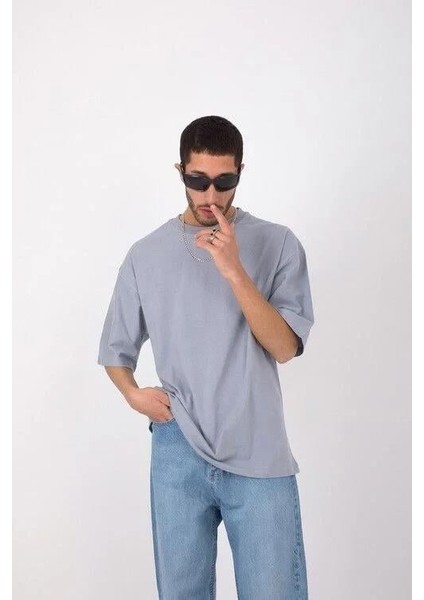 Unisex Basic Bisiklet Yaka Oversize T-Shirt - Gri