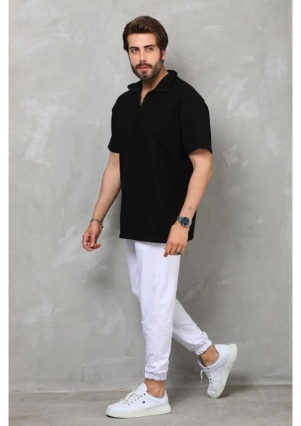 Unisex Yarım Fermuarlı Düz Oversize T-Shirt - Siyah fırsatları
