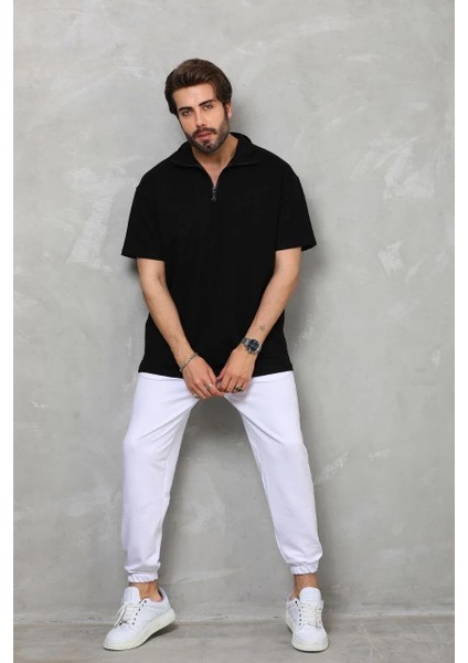Unisex Yarım Fermuarlı Düz Oversize T-Shirt - Siyah