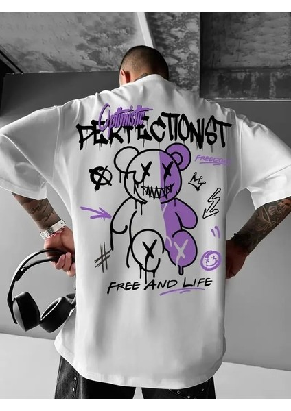 Erkek Oversizegrafik Tişört "campbrastcooperatıon" Kalın Yazı Bisiklet Yaka, Kısa Kol, Kalın Mor ve Siyah Desenli Yazlık Sokak Kıyafeti - Beyaz