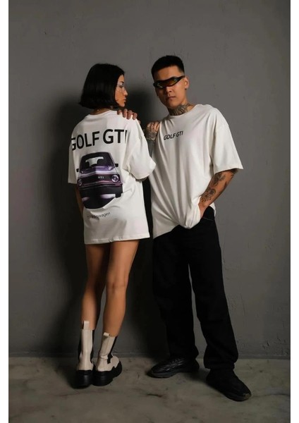 Erkek Oversize Baskılı Tişört – Golf Gtı Retro Araba Desenli, Ön & Arka Dijital Baskı, Sokak Modası Stil - Beyaz fiyatları