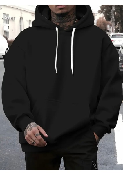 Punıx Büyük Beden Özel Tasarım Kapüşonlu Düz Renk %100 Pamuk 3 Iplik Casual Erkek Sweatshırt