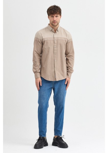 Premium Slim Fit Yün Karışımlı Kontrast Parçalı Uzun Kollu Gömlek
