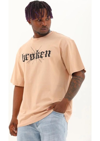 Unisex Oversize Baskılı Bisiklet Yaka T-Shirt - Bej