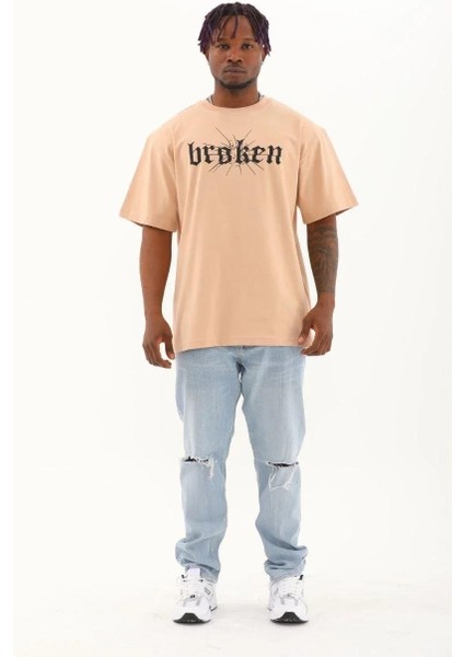 Unisex Oversize Baskılı Bisiklet Yaka T-Shirt - Bej fırsatları