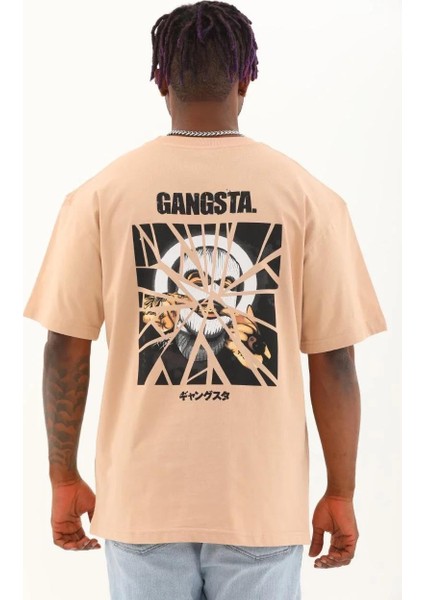 Unisex Oversize Baskılı Bisiklet Yaka T-Shirt - Bej indirimleri