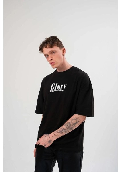 Unisex Bisiklet Yaka Baskılı Oversize T-Shirt - Siyah