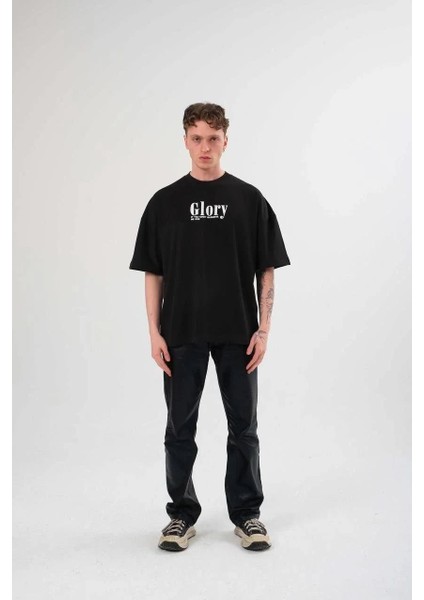 Unisex Bisiklet Yaka Baskılı Oversize T-Shirt - Siyah modelleri