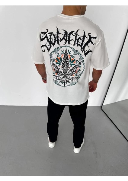 Unisex Bisiklet Yaka Baskılı Oversize T-Shirt - Beyaz modelleri