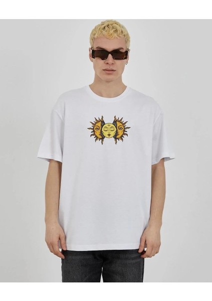 Unisex Bisiklet Yaka Baskılı Oversize T-Shirt - Beyaz