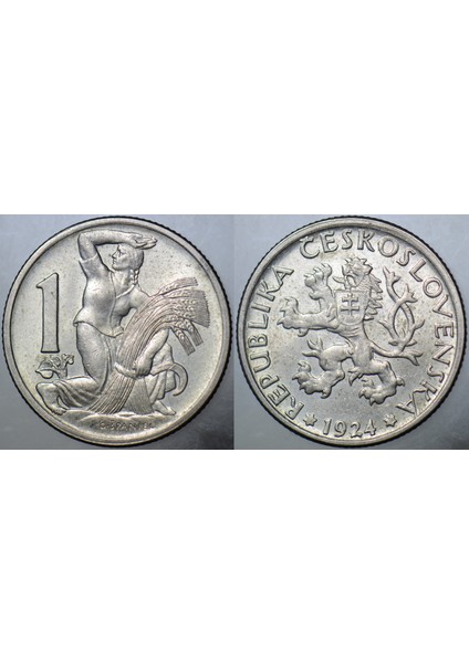 Çekoslovakya 1 Koruna 1924 Çiftçi Kadın Temalı. Çil(-)