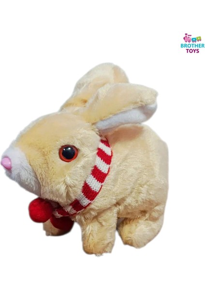 Elektronik Pilli Zıplayan Hareketli Atkılı Peluş Sevimli Tavşan Oyuncak 18 Cm. Bej