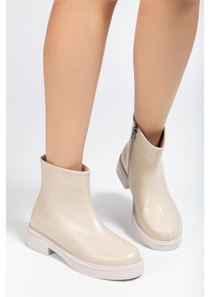 02-3033 Bej Kırışık Rugan Fermuarlı Günlük Kadın Bot modelleri