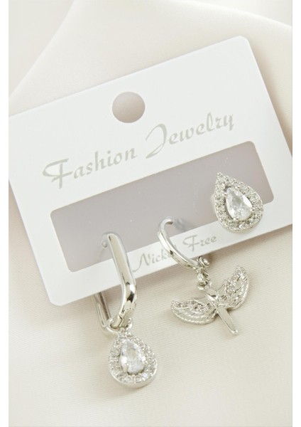 3 Adet Damla Zirkon Taşlı Küpe