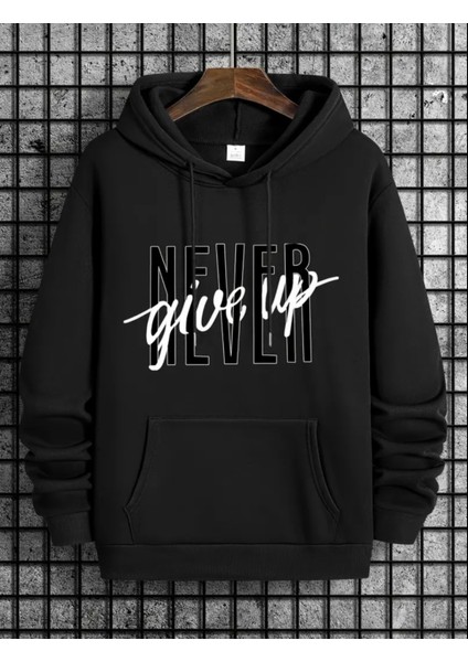 Punıx Büyük Beden Özel Tasarım Kapüşonlu Never Gıve Up Baskılı %100 Pamuk Oversize Erkek Sweatshırt