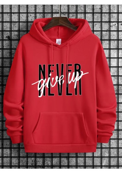 Punıx Büyük Beden Özel Tasarım Kapüşonlu Never Gıve Up Baskılı %100 Pamuk Oversize Erkek Sweatshırt