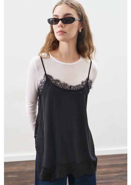 Dantel Şeritli Askılı Bluz Siyah modelleri