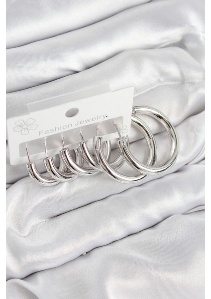 Pirinç Halka Model Gümüş Renk Kadın Set Küpe - TJ-BKP11056