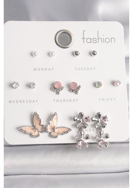 Pirinç Gümüş Renk Zirkon Taşlı Sallantı Çiçek Mineli Kelebek Figür Inci Detay 7 Çift Kadın Küpe Seti - TJ-BKP10138